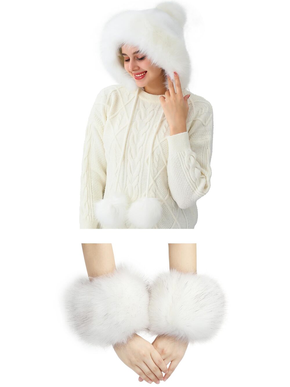 1541 Faux Fox Fur Pom Pom Hat and Wrist Cuffs 2pc Set